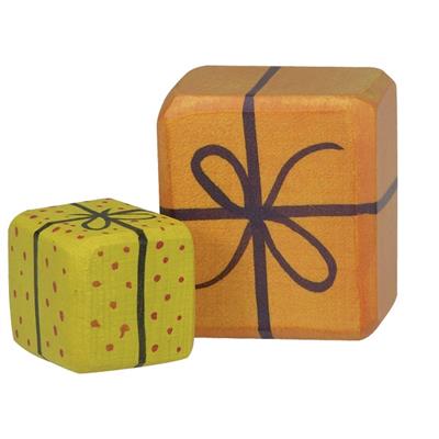 Two wooden toy gift boxes, one orange and one green, with black ribbons on a white background.