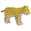 Wooden toy cheetah figure on a white background