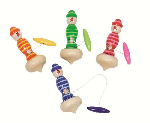 Wooden toy with colorful characters on a white background