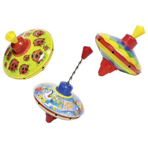 Three colorful spinning tops on a white background