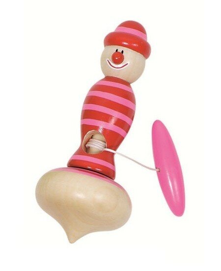 Wooden toy with a clown design on a white background