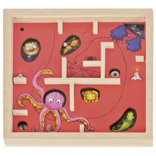 Wooden puzzle with colorful characters on a red background