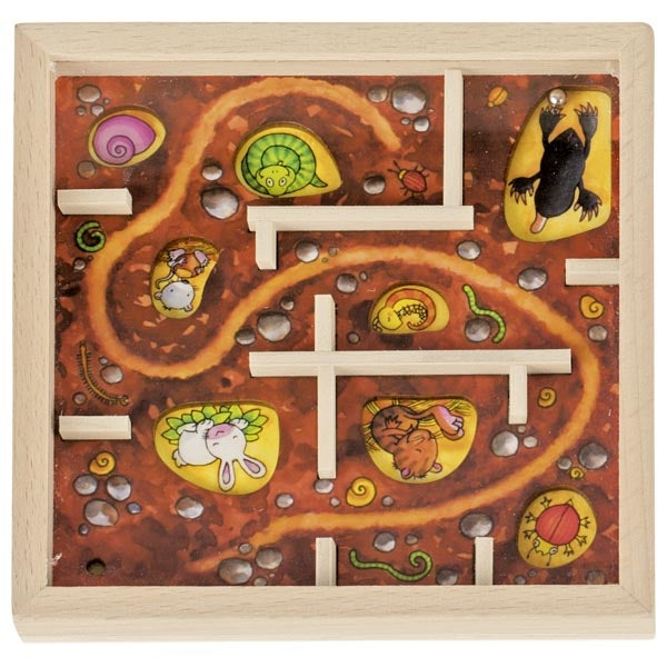 Wooden maze game with colorful animal figures on a brown background