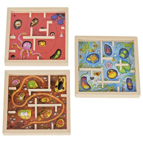 Three wooden maze toys with colorful designs on a white background