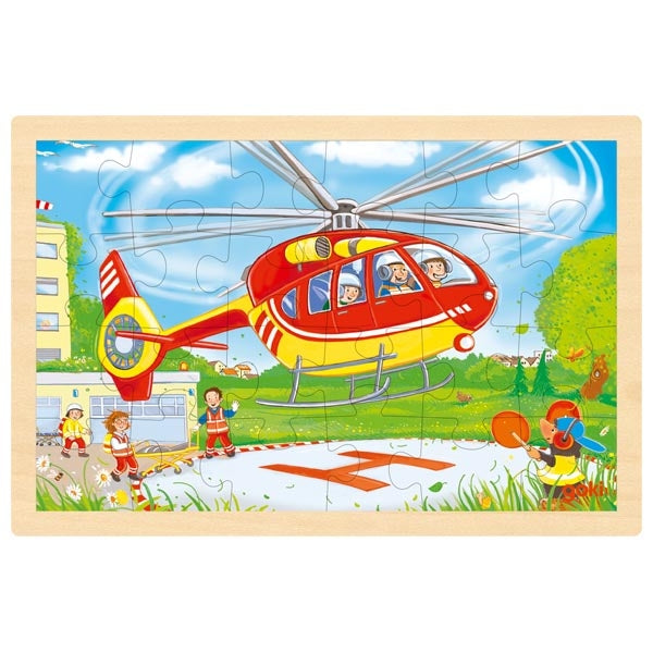Children's puzzle with a red helicopter and fireman figures on a wooden frame.