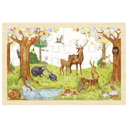 Wooden puzzle with a forest scene featuring animals and trees.