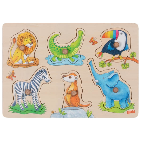 Wooden puzzle with colorful animal figures on a beige background