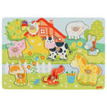 Children's farm animal puzzle with colorful pieces on a white background