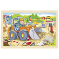 Children's puzzle with a construction scene featuring a tractor and workers.