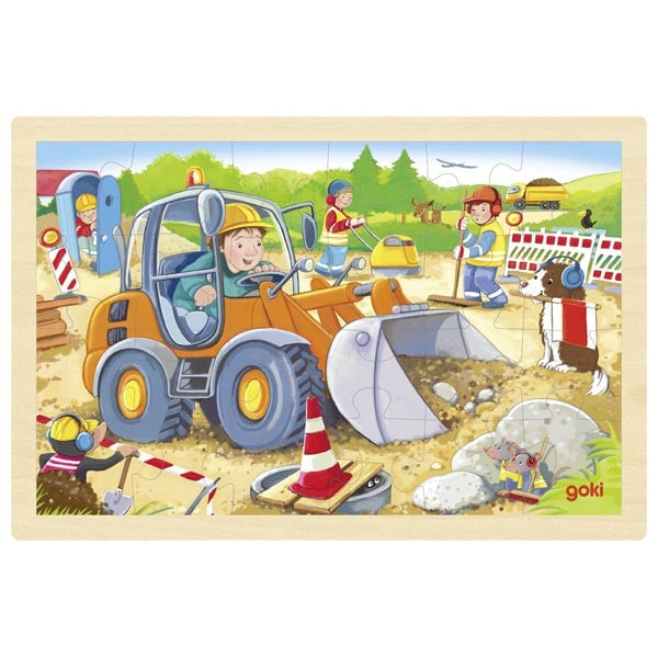 Children's puzzle with a construction scene featuring a tractor and workers.