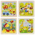Set of four children's puzzles with different themes on a white background
