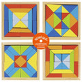 Colorful geometric wooden puzzle with 'Spiel gut' label