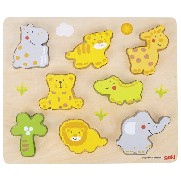 Wooden puzzle with colorful animal shapes on a white background
