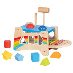 Colorful wooden educational toy with shapes and a xylophone on a white background
