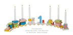 Colorful wooden train-shaped candle holder with candles on a white background