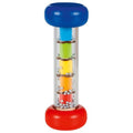 Colorful cylindrical toy with blue top, red base, and clear middle section with beads.