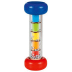 Colorful cylindrical toy with blue top, red base, and clear middle section with beads.