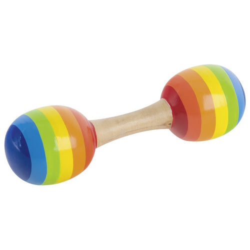 Colorful wooden rattle toy with rainbow stripes on a white background