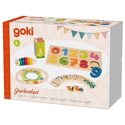 Goki educational toy set packaging with colorful numbers and shapes on a white background