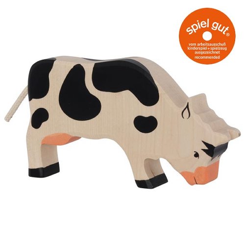 Wooden cow toy with black spots on a white background, featuring the 'spiel gut' logo.