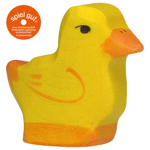 Yellow wooden duck with an orange beak on a white background, featuring the 'spiel gut' logo.