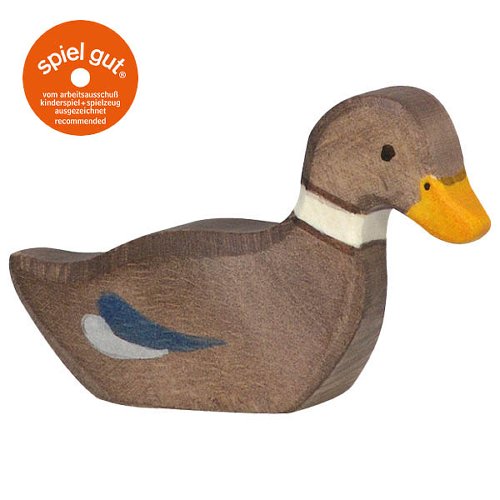 Wooden duck toy with 'spiel gut' logo on a white background