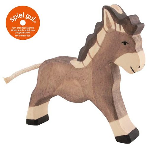 Wooden donkey toy with 'spiel gut' logo on a white background