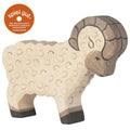 Wooden ram toy with 'spiel gut' logo on a white background