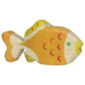 Wooden fish toy with a yellow body and red stripes on a white background