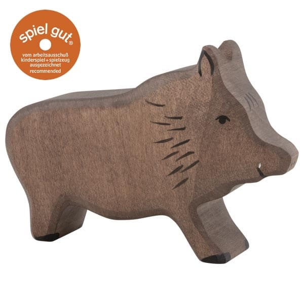 Wooden boar toy with 'spiel gut' certification logo on a white background