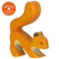Wooden squirrel toy with 'spiel gut' logo on a white background