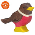 Wooden bird figurine with a red breast and yellow beak, branded 'spiel gut'.