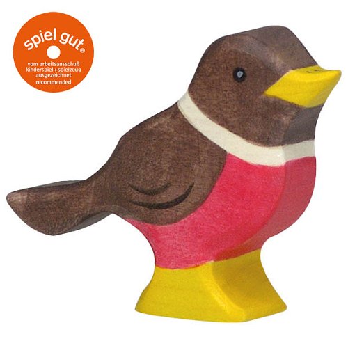 Wooden bird figurine with a red breast and yellow beak, branded 'spiel gut'.
