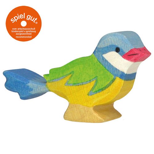 Colorful wooden bird toy with 'spiel gut' logo on a white background