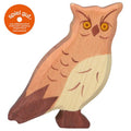 Wooden owl toy with 'spiel gut' logo on a white background