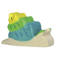 Colorful wooden toy snail with a green beak on a white background