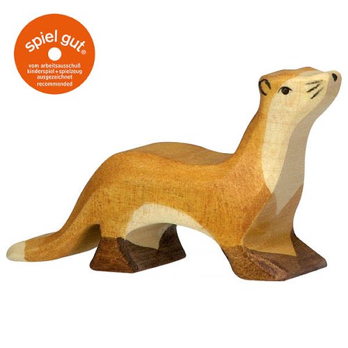 Wooden marten figurine with 'spiel gut' logo on a white background