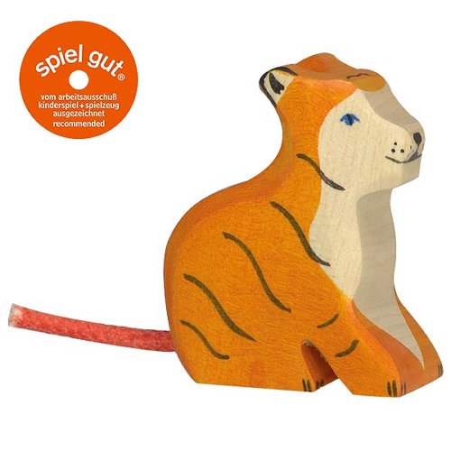 Wooden tiger toy with 'spiel gut' label on a white background