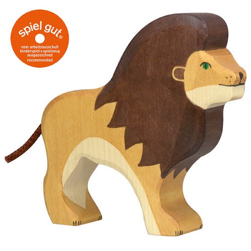 Wooden lion toy with 'spiel gut' logo on a white background
