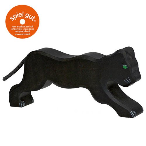 Wooden black panther toy with green eyes on a white background, featuring the 'spiel gut' logo.