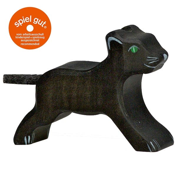 Wooden toy panther with 'spiel gut' logo on a white background