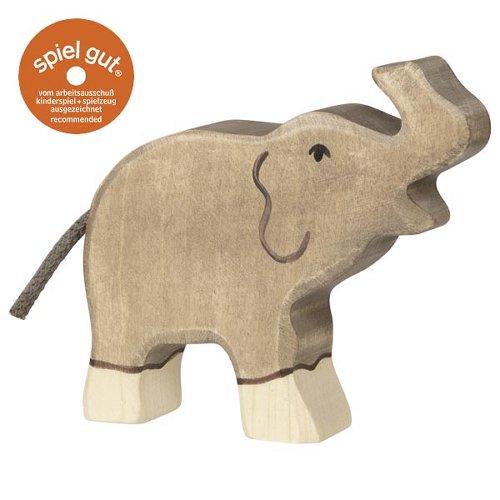 Wooden elephant toy with 'spiel gut' logo on a white background
