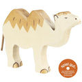 Wooden camel toy with 'spiel gut!' certification logo on a white background
