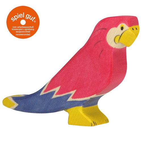 Wooden parrot toy with 'spiel gut' logo on a white background