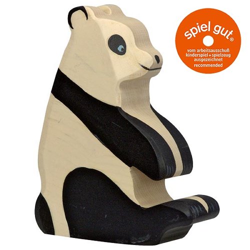 Wooden panda figurine with 'spiel gut' certification logo on a white background
