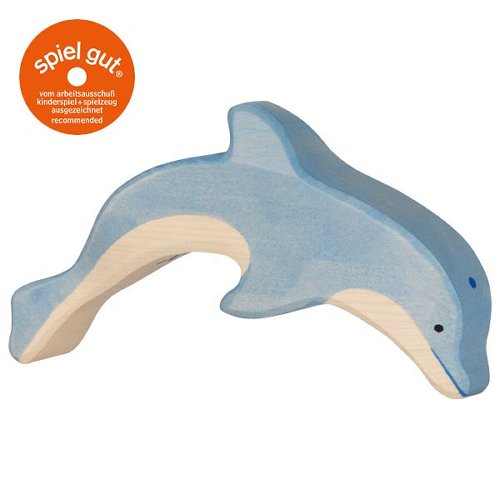 Wooden dolphin toy with 'spiel gut' logo on a white background