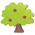 Wooden toy tree with green leaves and red apples on a white background