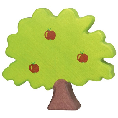 Wooden toy tree with green leaves and red apples on a white background