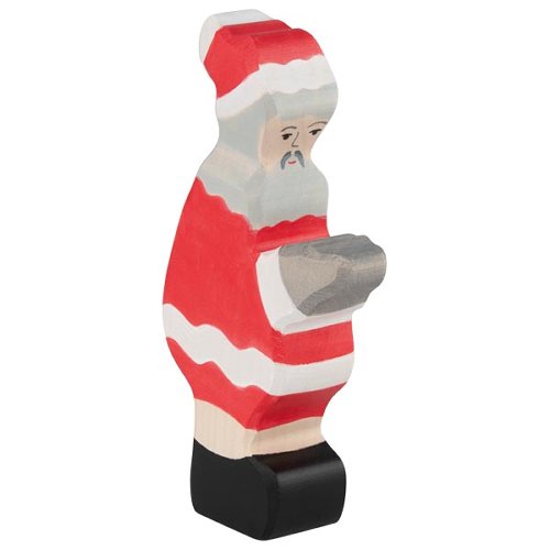 Wooden Santa Claus figurine with a red hat and beard on a white background