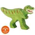 Green dinosaur toy with red stripes on a white background, featuring the 'spiel gut' logo.